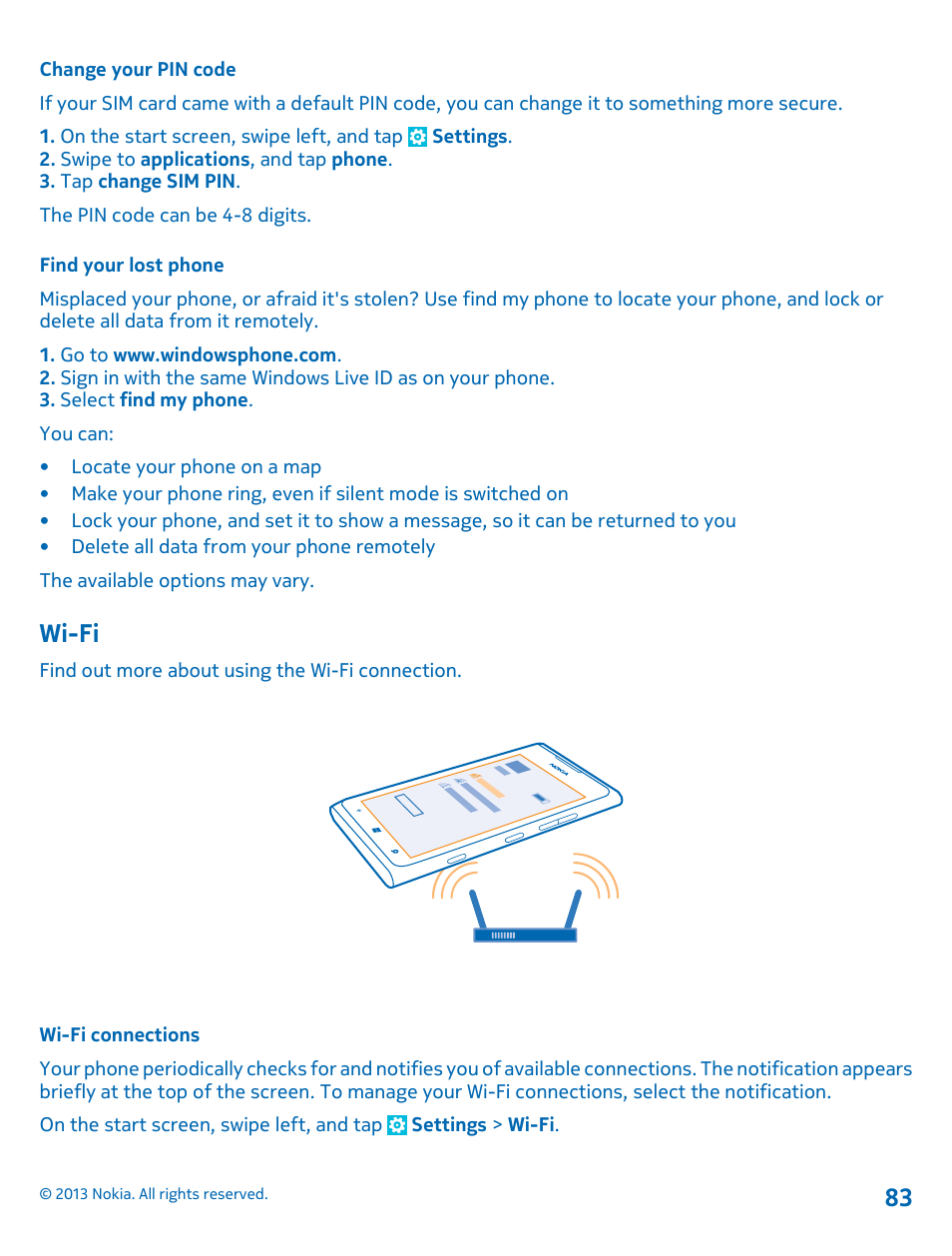 Change your pin code, Find your lost phone, Wi-fi | Wi-fi connections, Wi-fi 83 | Nokia Lumia 900 User Manual | Page 83 / 93