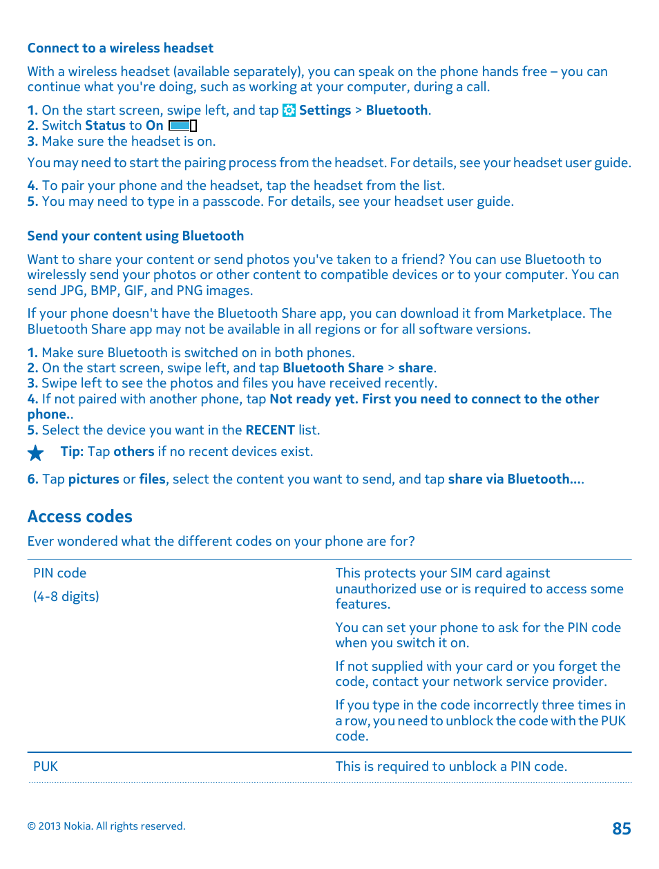 Connect to a wireless headset, Send your content using bluetooth, Access codes | Nokia Lumia 900 User Manual | Page 85 / 93