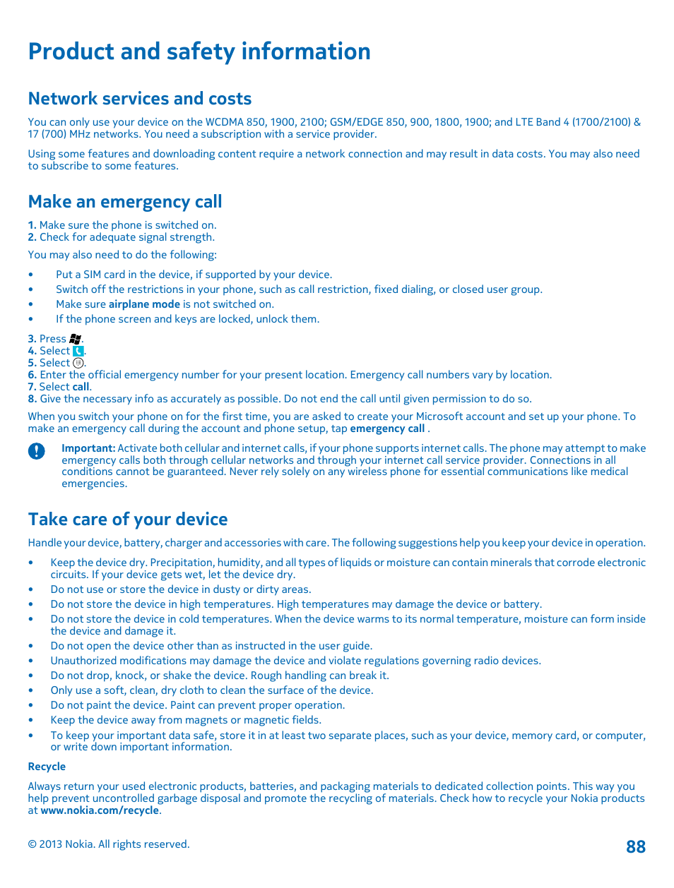 Product and safety information, Network services and costs, Make an emergency call | Take care of your device | Nokia Lumia 900 User Manual | Page 88 / 93