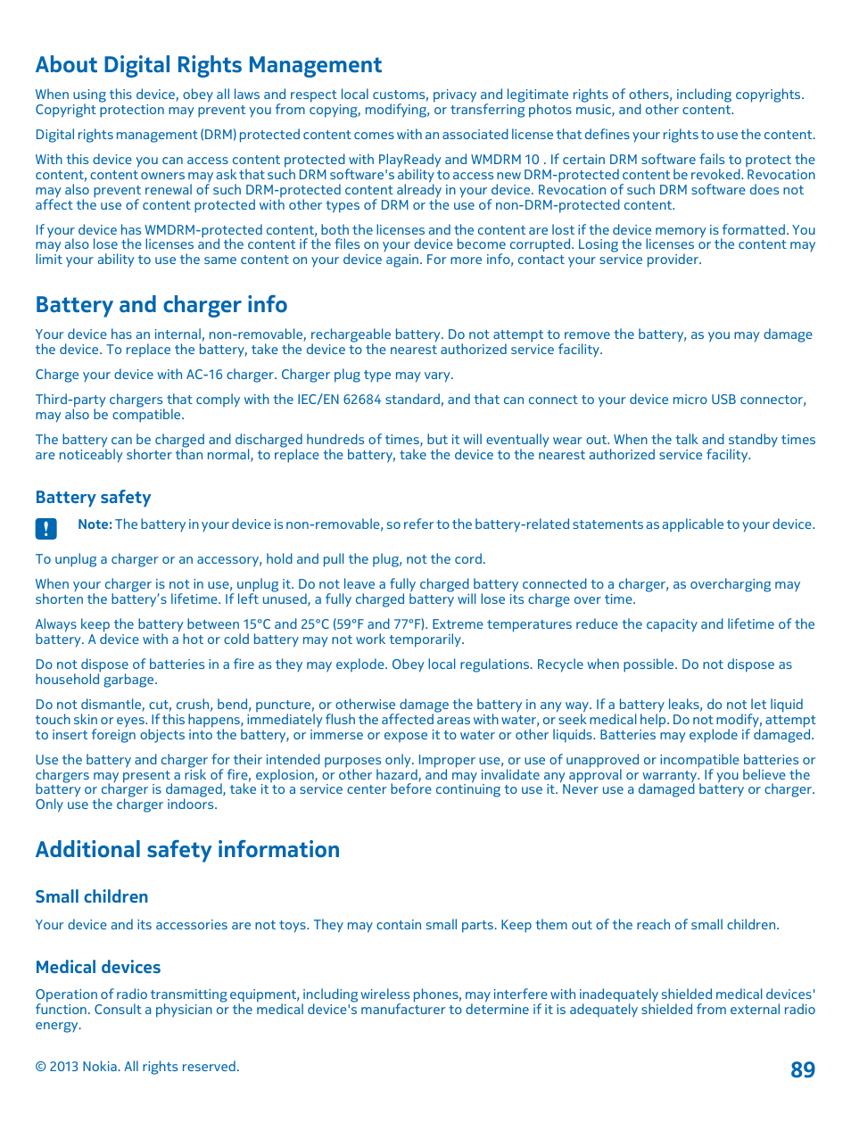 About digital rights management, Battery and charger info, Battery safety | Additional safety information, Small children, Medical devices | Nokia Lumia 900 User Manual | Page 89 / 93