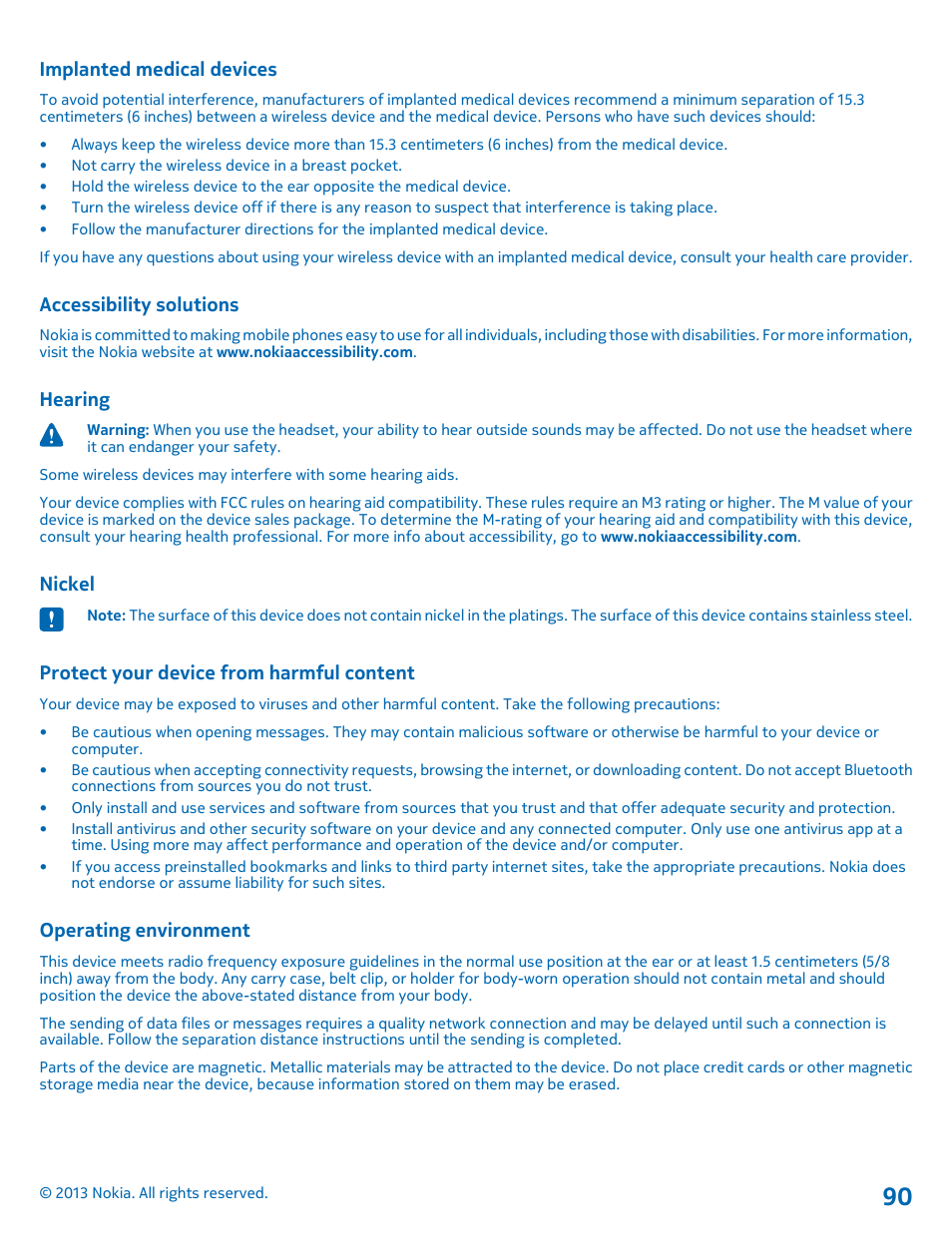 Implanted medical devices, Accessibility solutions, Hearing | Nickel, Protect your device from harmful content, Operating environment | Nokia Lumia 900 User Manual | Page 90 / 93