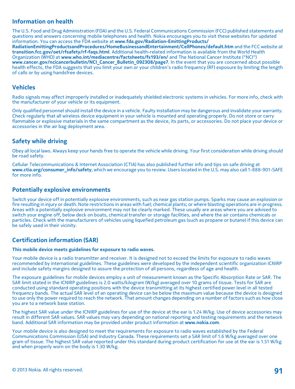 Information on health, Vehicles, Safety while driving | Potentially explosive environments, Certification information (sar) | Nokia Lumia 900 User Manual | Page 91 / 93