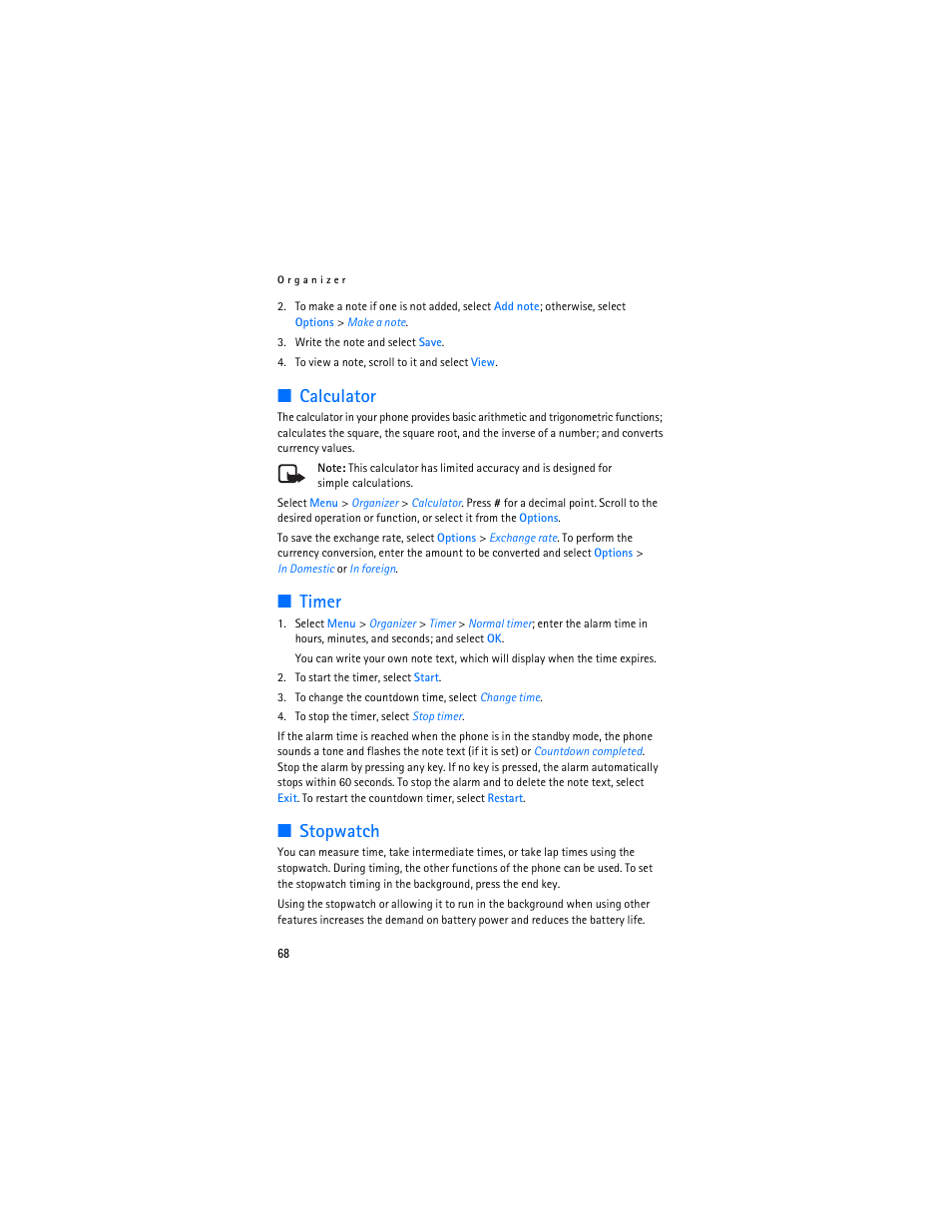 Calculator, Timer, Stopwatch | Calculator timer stopwatch | Nokia 6085 User Manual | Page 101 / 233