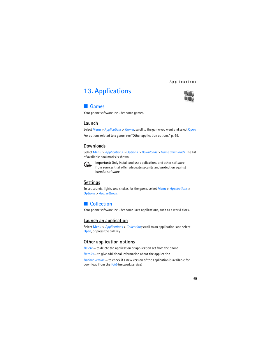 Applications, Games, Collection | Games collection, Launch, Downloads, Settings, Launch an application, Other application options | Nokia 6085 User Manual | Page 102 / 233