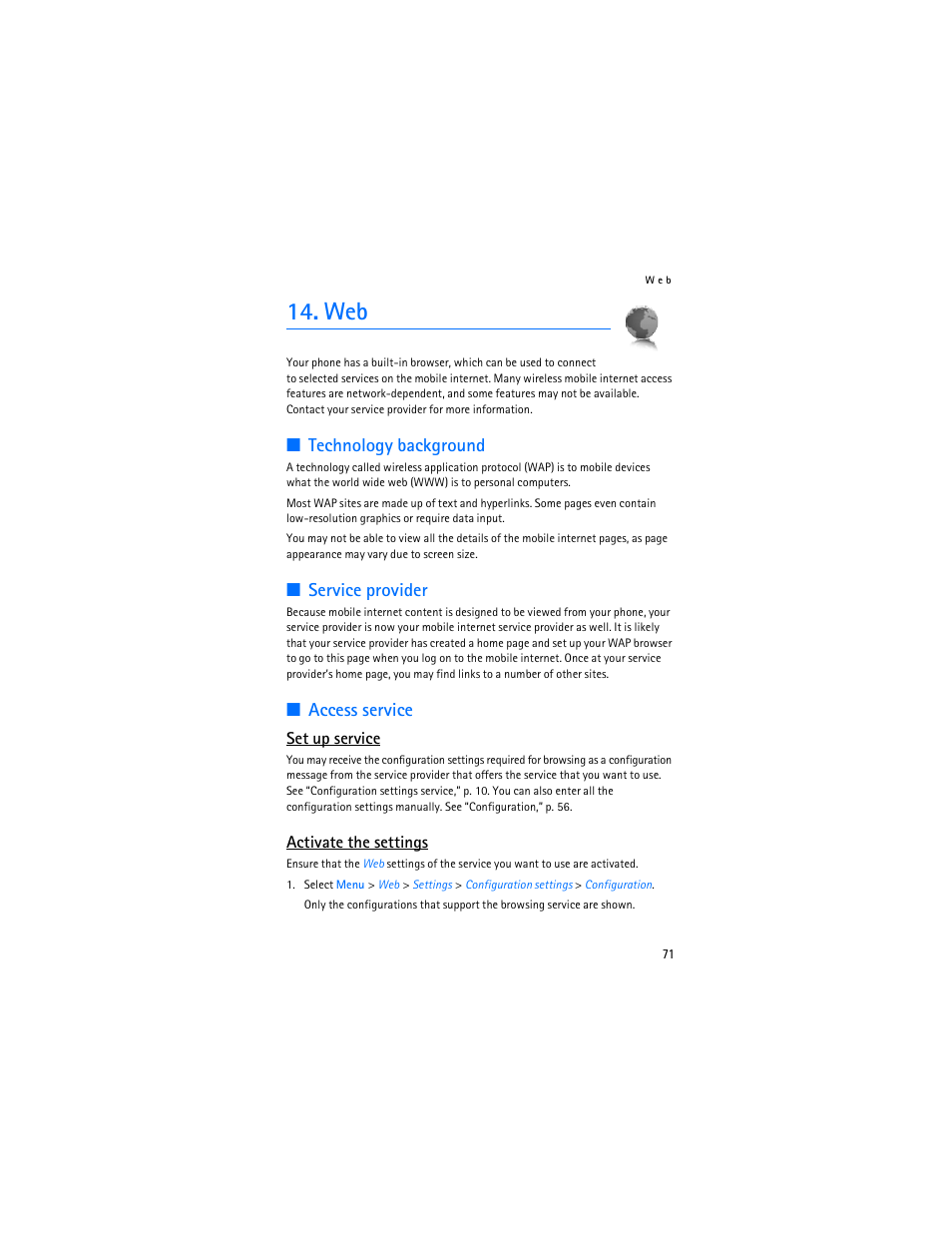 Technology background, Service provider, Access service | Technology background service provider, Set up service, Activate the settings | Nokia 6085 User Manual | Page 104 / 233