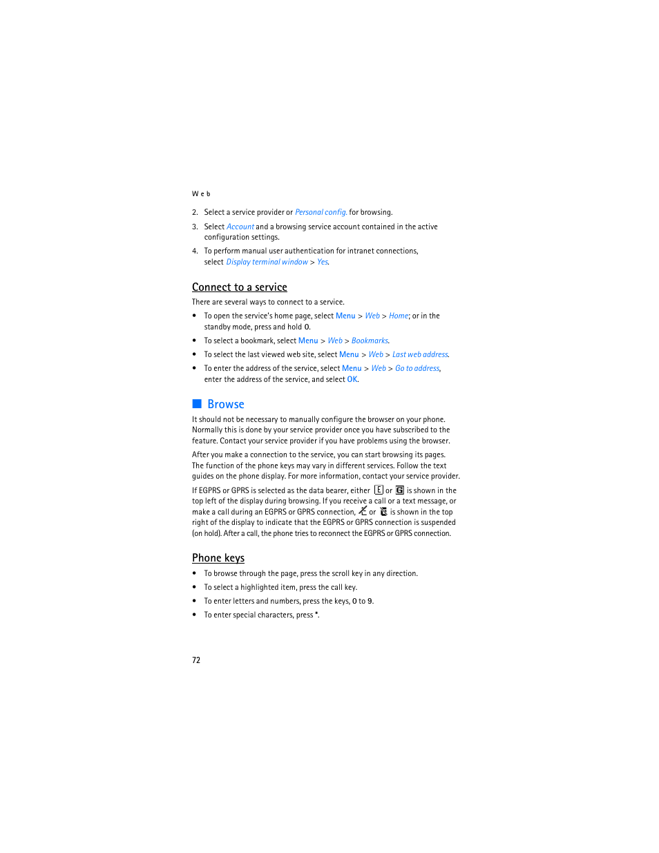Browse, Connect to a service, Phone keys | Nokia 6085 User Manual | Page 105 / 233