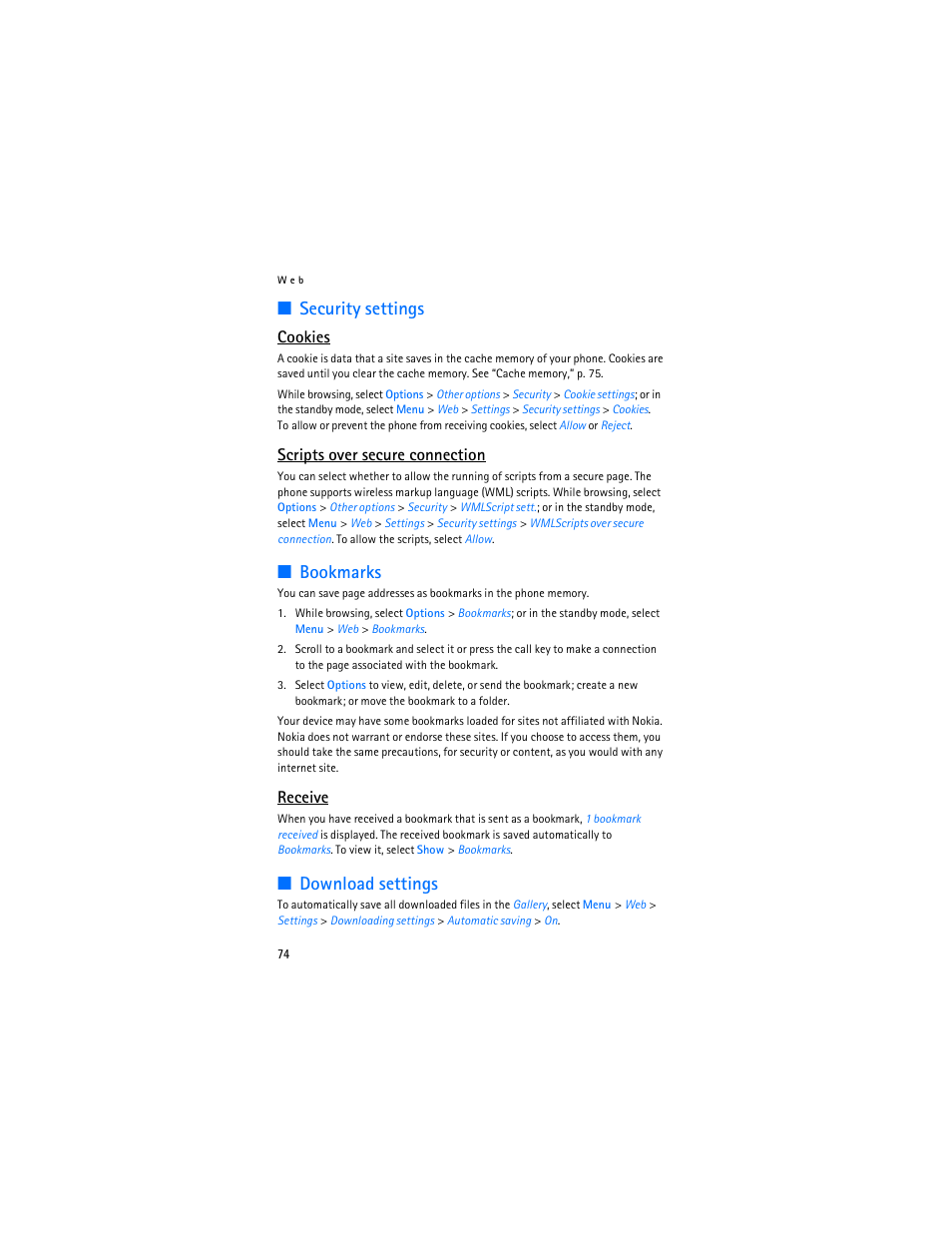 Security settings, Bookmarks, Download settings | Security settings bookmarks download settings, Cookies, Scripts over secure connection, Receive | Nokia 6085 User Manual | Page 107 / 233