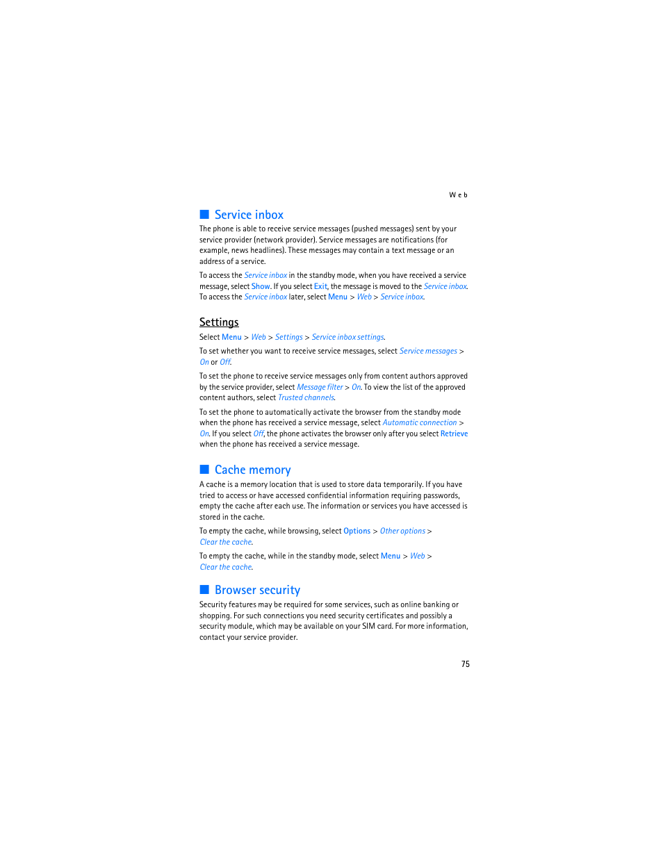 Service inbox, Cache memory, Browser security | Service inbox cache memory browser security, Settings | Nokia 6085 User Manual | Page 108 / 233