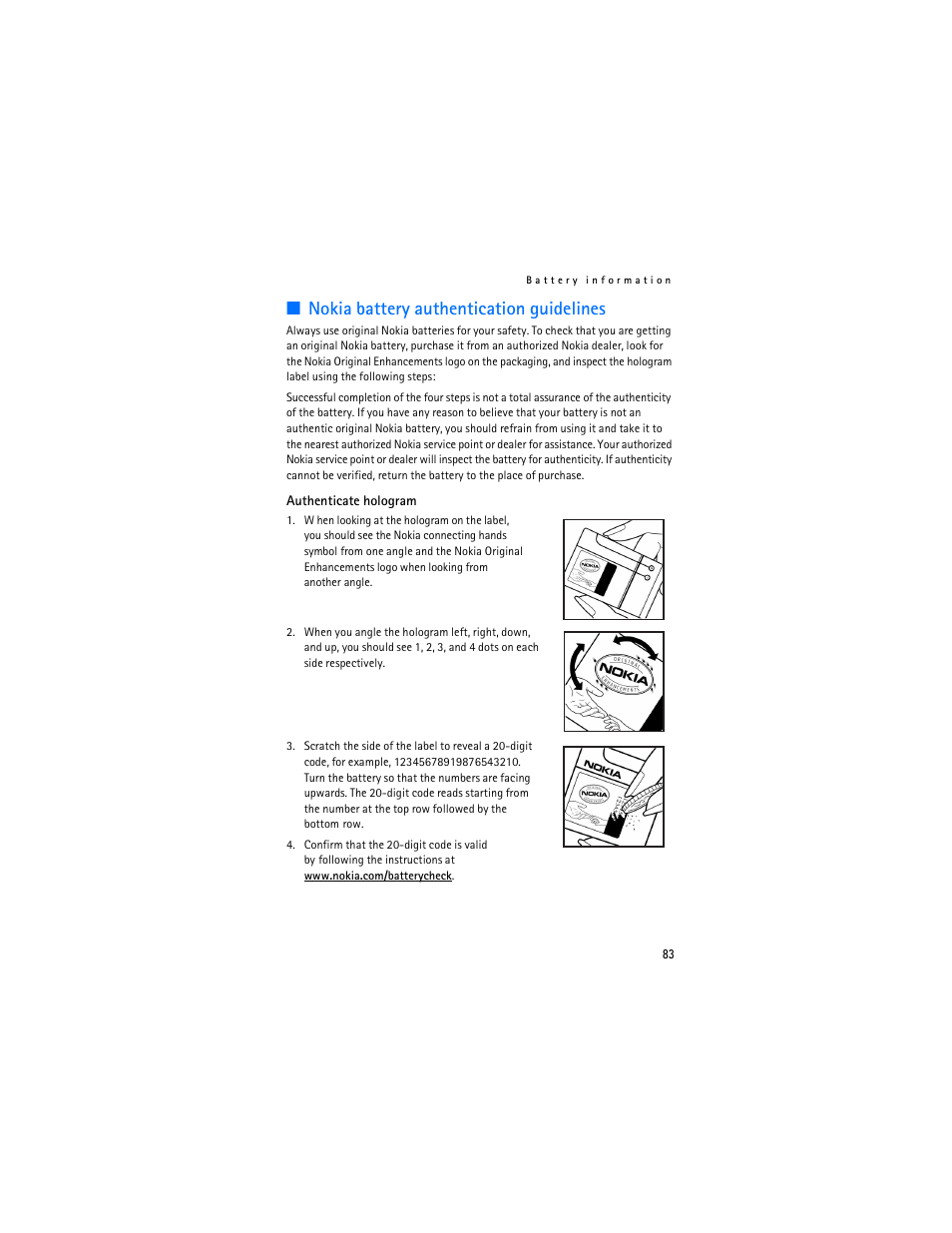 Nokia battery authentication guidelines | Nokia 6085 User Manual | Page 116 / 233