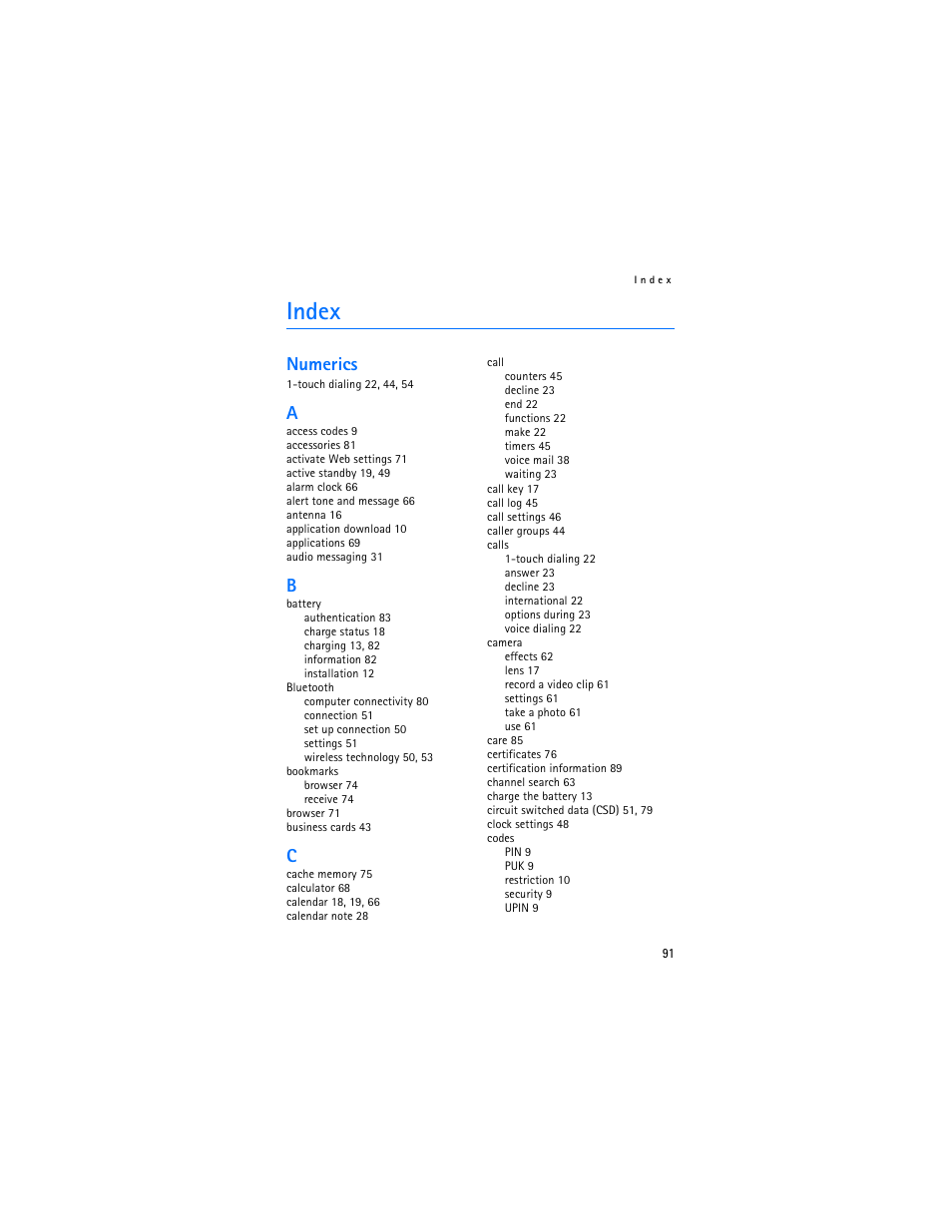 Index, Numerics | Nokia 6085 User Manual | Page 124 / 233