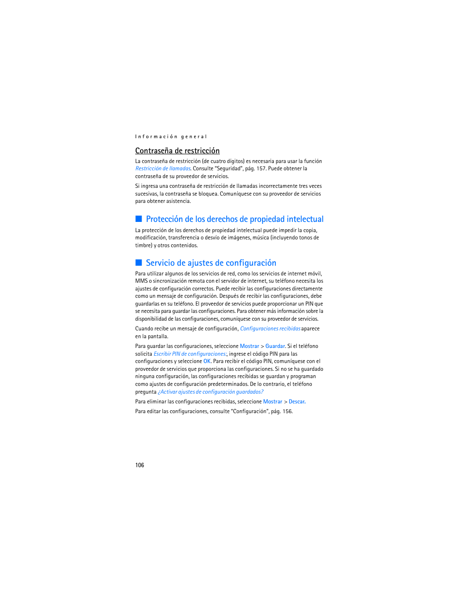 Servicio de ajustes de configuración, Contraseña de restricción | Nokia 6085 User Manual | Page 139 / 233