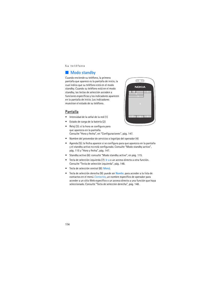 Modo standby, Pantalla | Nokia 6085 User Manual | Page 147 / 233