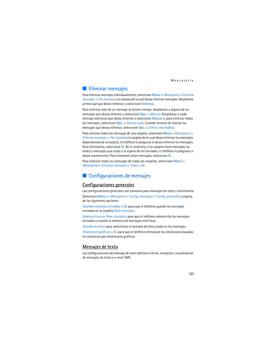 Eliminar mensajes, Configuraciones de mensajes, Eliminar mensajes configuraciones de mensajes | Configuraciones generales, Mensajes de texto | Nokia 6085 User Manual | Page 170 / 233