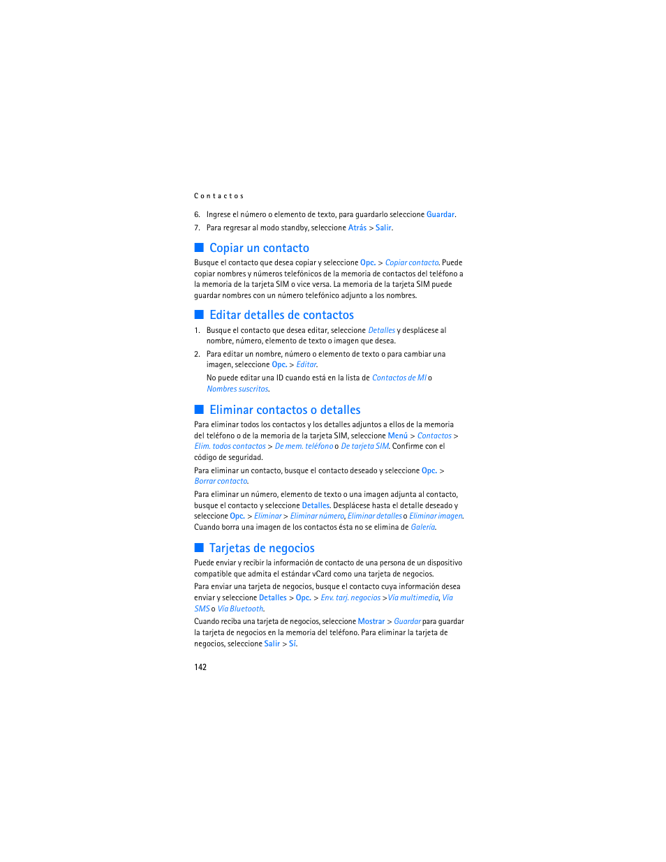 Copiar un contacto, Editar detalles de contactos, Eliminar contactos o detalles | Tarjetas de negocios | Nokia 6085 User Manual | Page 175 / 233