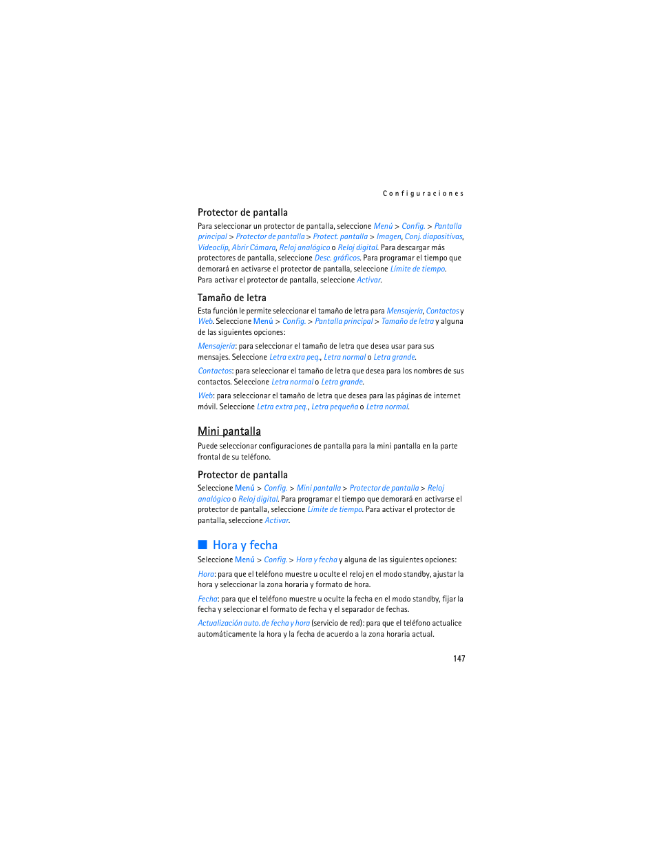 Hora y fecha, Hora y fecha”, pág. 147, Mini pantalla | Nokia 6085 User Manual | Page 180 / 233