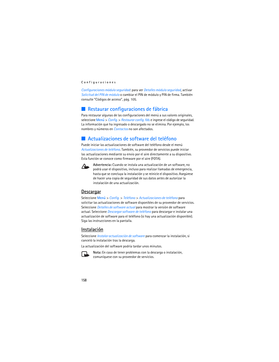 Restaurar configuraciones de fábrica, Actualizaciones de software del teléfono, Descargar | Instalación | Nokia 6085 User Manual | Page 191 / 233