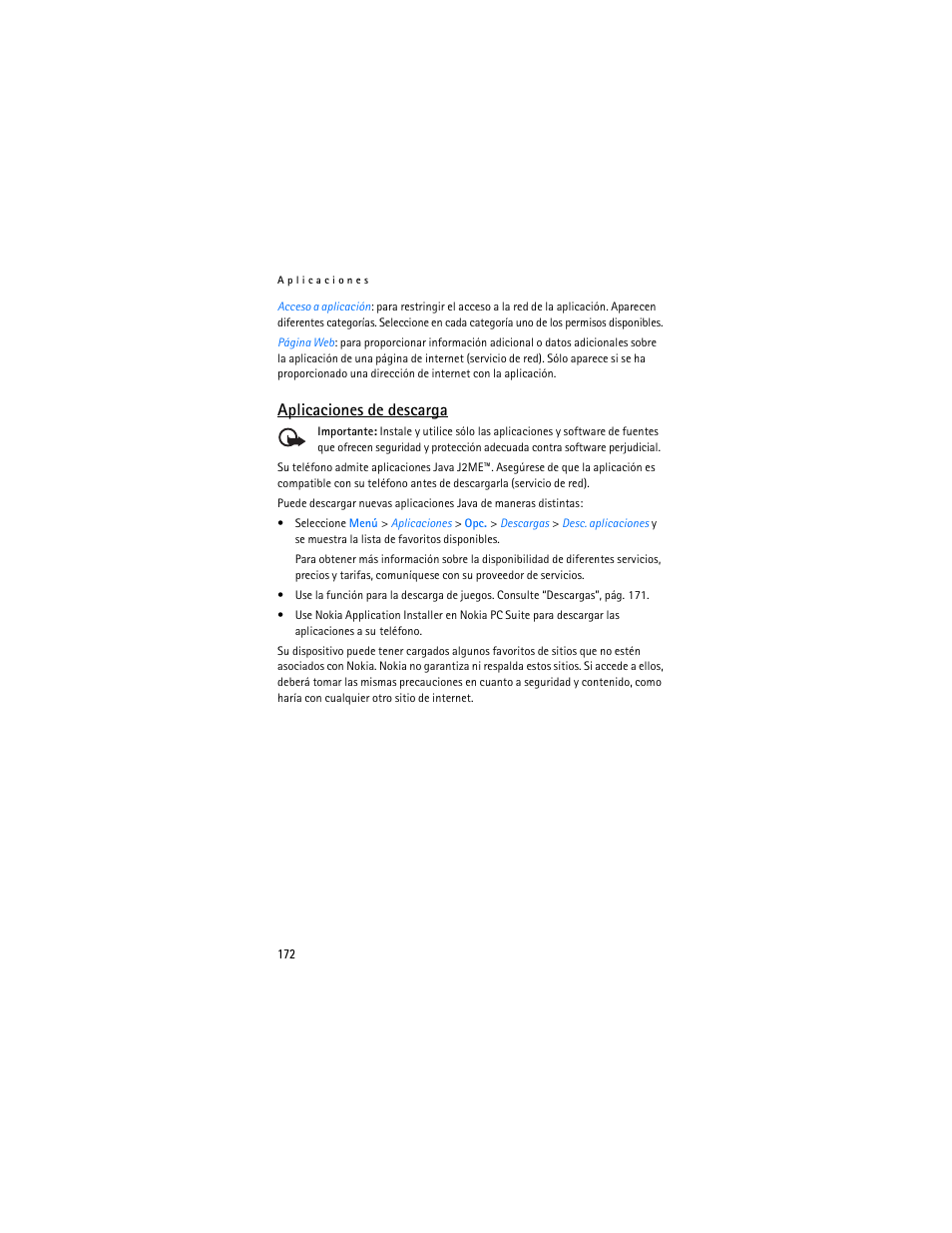 Aplicaciones de descarga | Nokia 6085 User Manual | Page 205 / 233