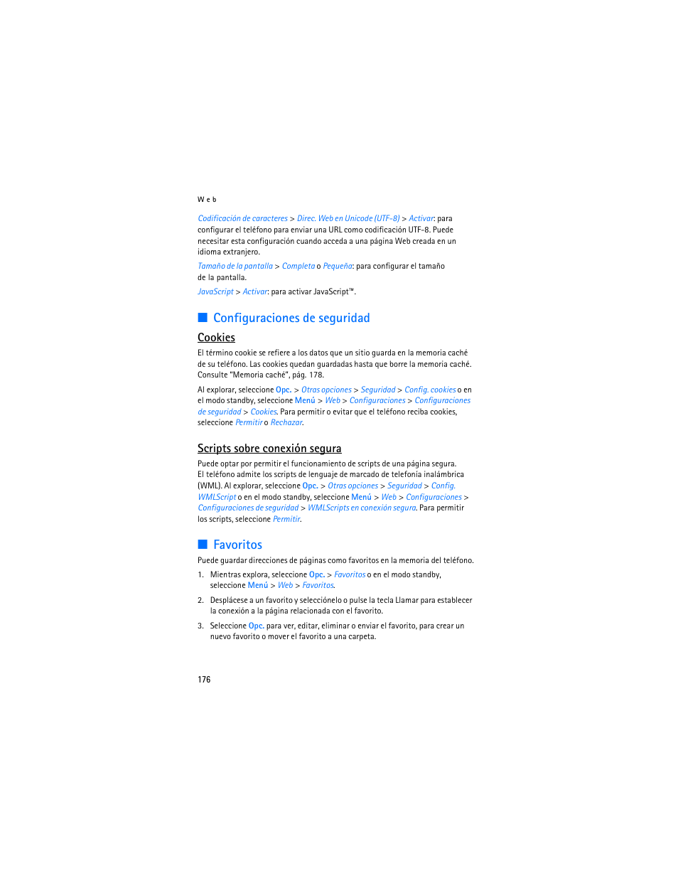 Configuraciones de seguridad, Favoritos, Configuraciones de seguridad favoritos | Cookies, Scripts sobre conexión segura | Nokia 6085 User Manual | Page 209 / 233