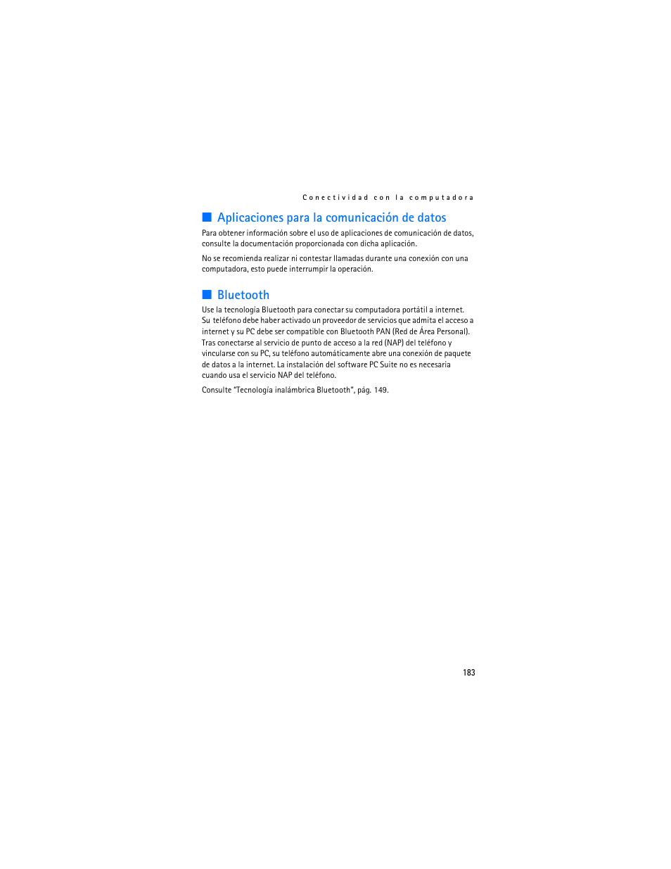 Aplicaciones para la comunicación de datos, Bluetooth | Nokia 6085 User Manual | Page 216 / 233