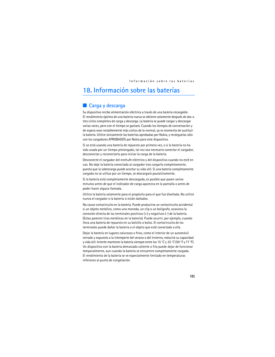 Información sobre las baterías, Carga y descarga | Nokia 6085 User Manual | Page 218 / 233