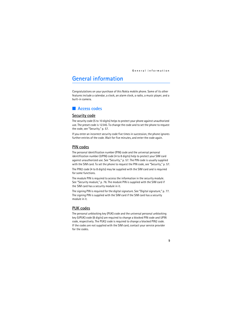 General information, Access codes | Nokia 6085 User Manual | Page 42 / 233