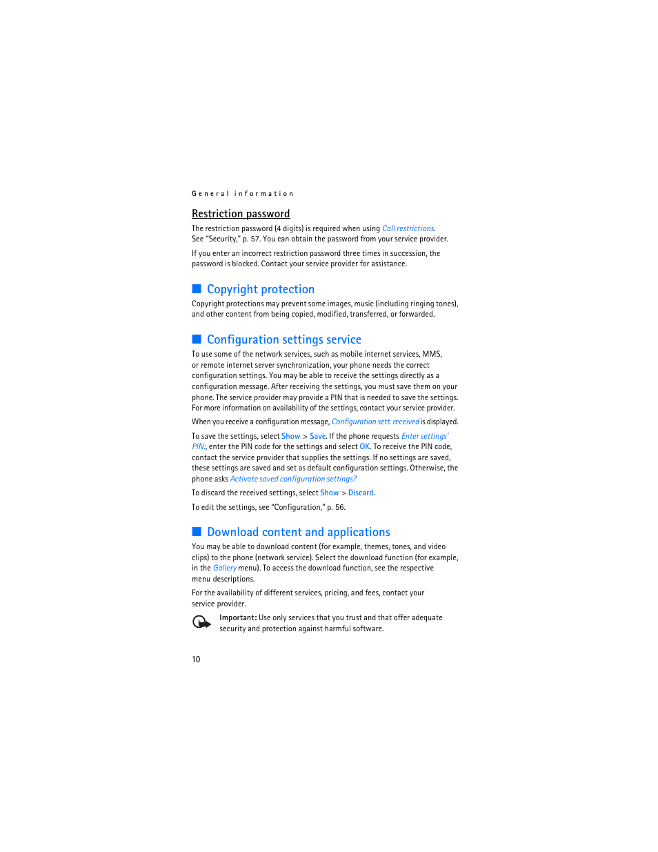Copyright protection, Configuration settings service, Download content and applications | Restriction password | Nokia 6085 User Manual | Page 43 / 233