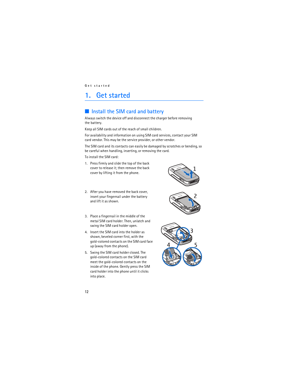 Get started, Install the sim card and battery | Nokia 6085 User Manual | Page 45 / 233