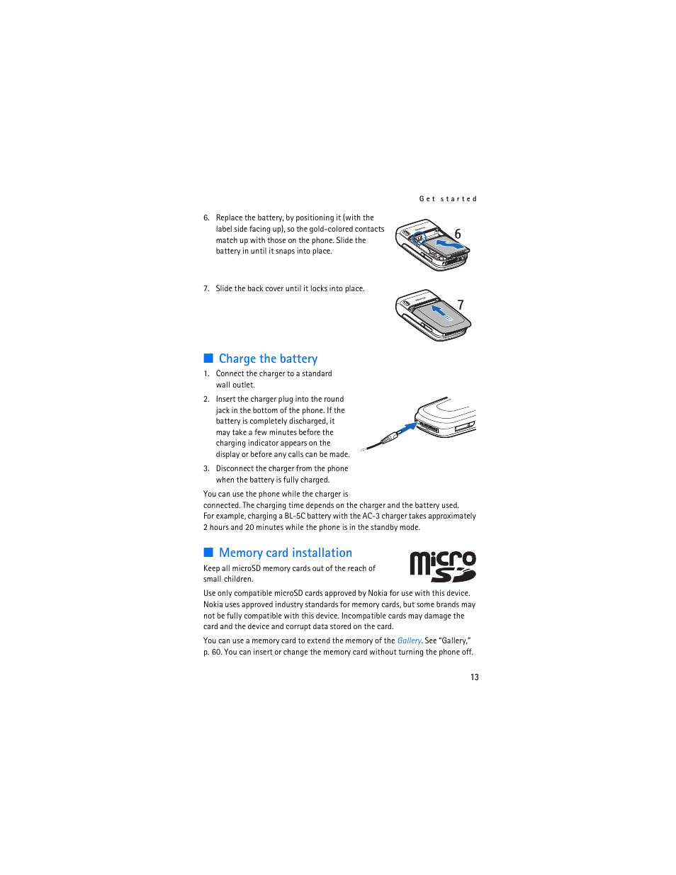 Charge the battery, Memory card installation, Charge the battery memory card installation | Nokia 6085 User Manual | Page 46 / 233