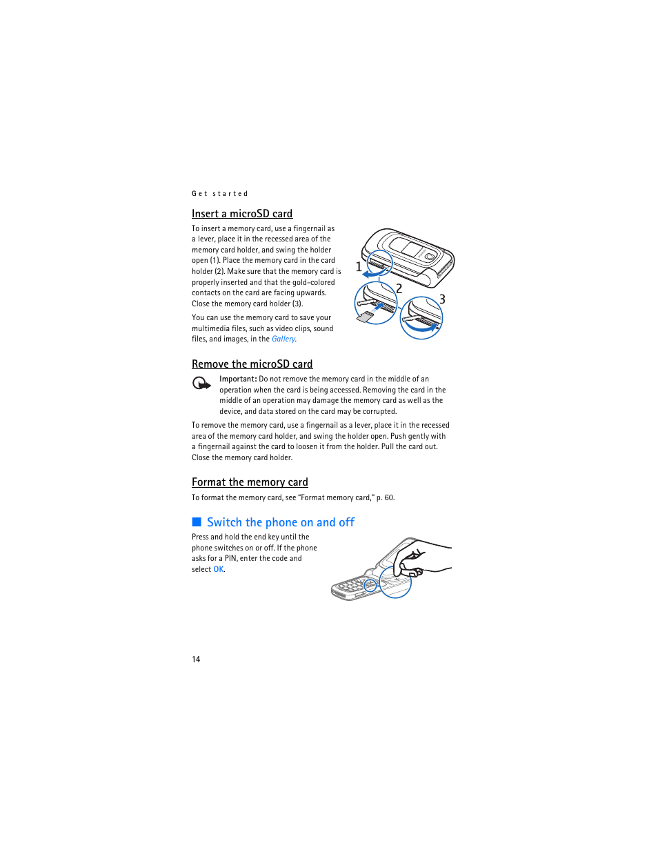 Switch the phone on and off, Insert a microsd card, Remove the microsd card | Nokia 6085 User Manual | Page 47 / 233