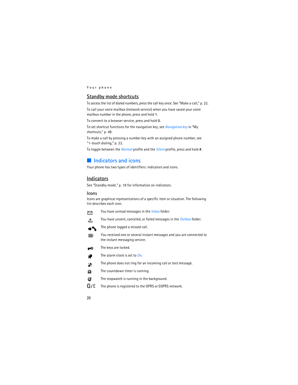 Indicators and icons, Standby mode shortcuts, Indicators | Nokia 6085 User Manual | Page 53 / 233