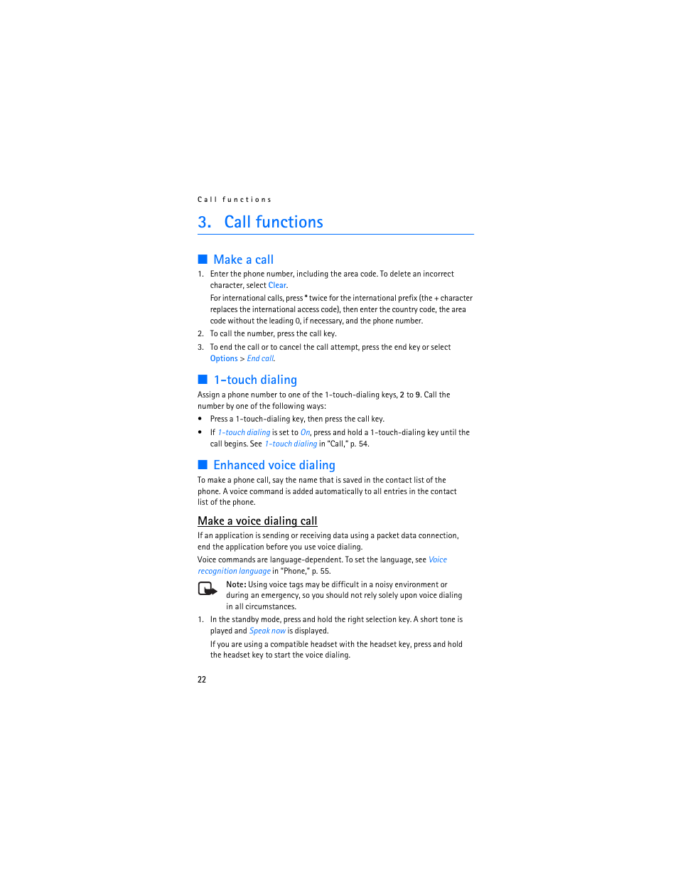 Call functions, Make a call, Touch dialing | Enhanced voice dialing, Make a call 1-touch dialing enhanced voice dialing, Make a voice dialing call | Nokia 6085 User Manual | Page 55 / 233