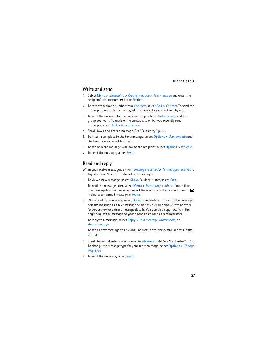Write and send, Read and reply | Nokia 6085 User Manual | Page 60 / 233