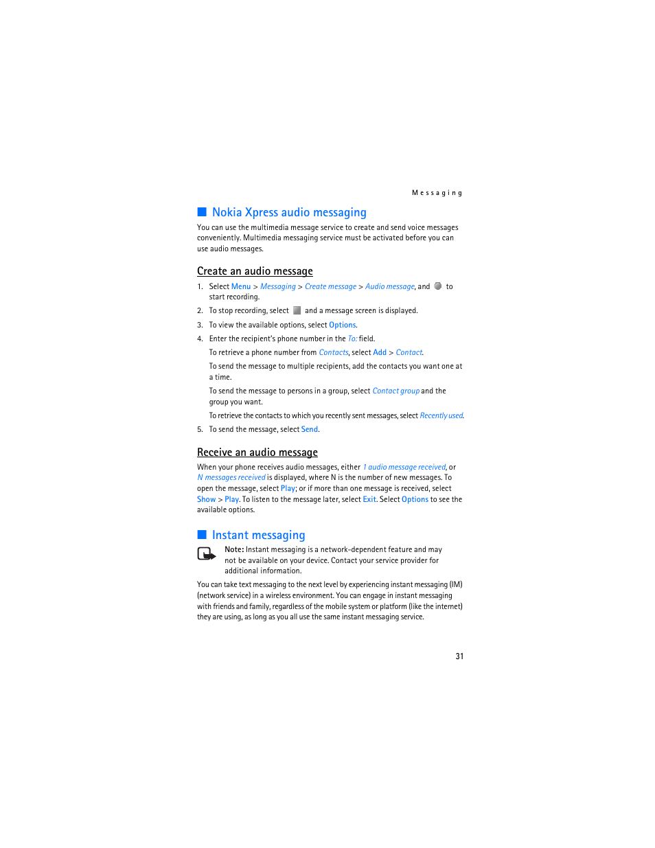 Nokia xpress audio messaging, Instant messaging, Nokia xpress audio messaging instant messaging | Create an audio message, Receive an audio message | Nokia 6085 User Manual | Page 64 / 233