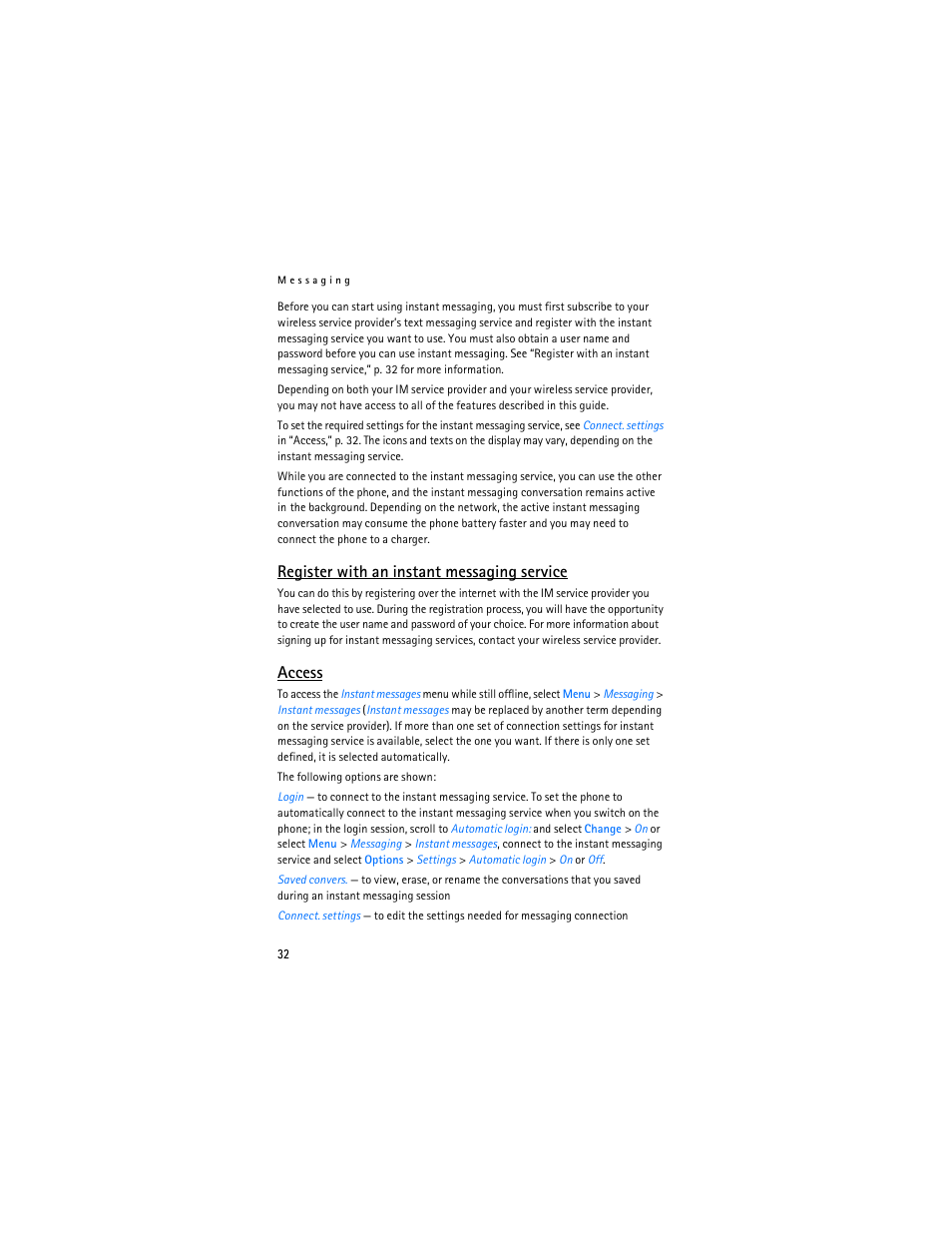 Register with an instant messaging service, Access | Nokia 6085 User Manual | Page 65 / 233
