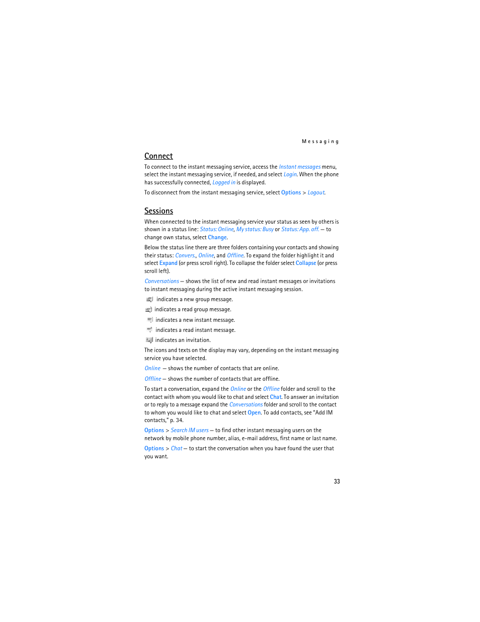 Connect, Sessions | Nokia 6085 User Manual | Page 66 / 233