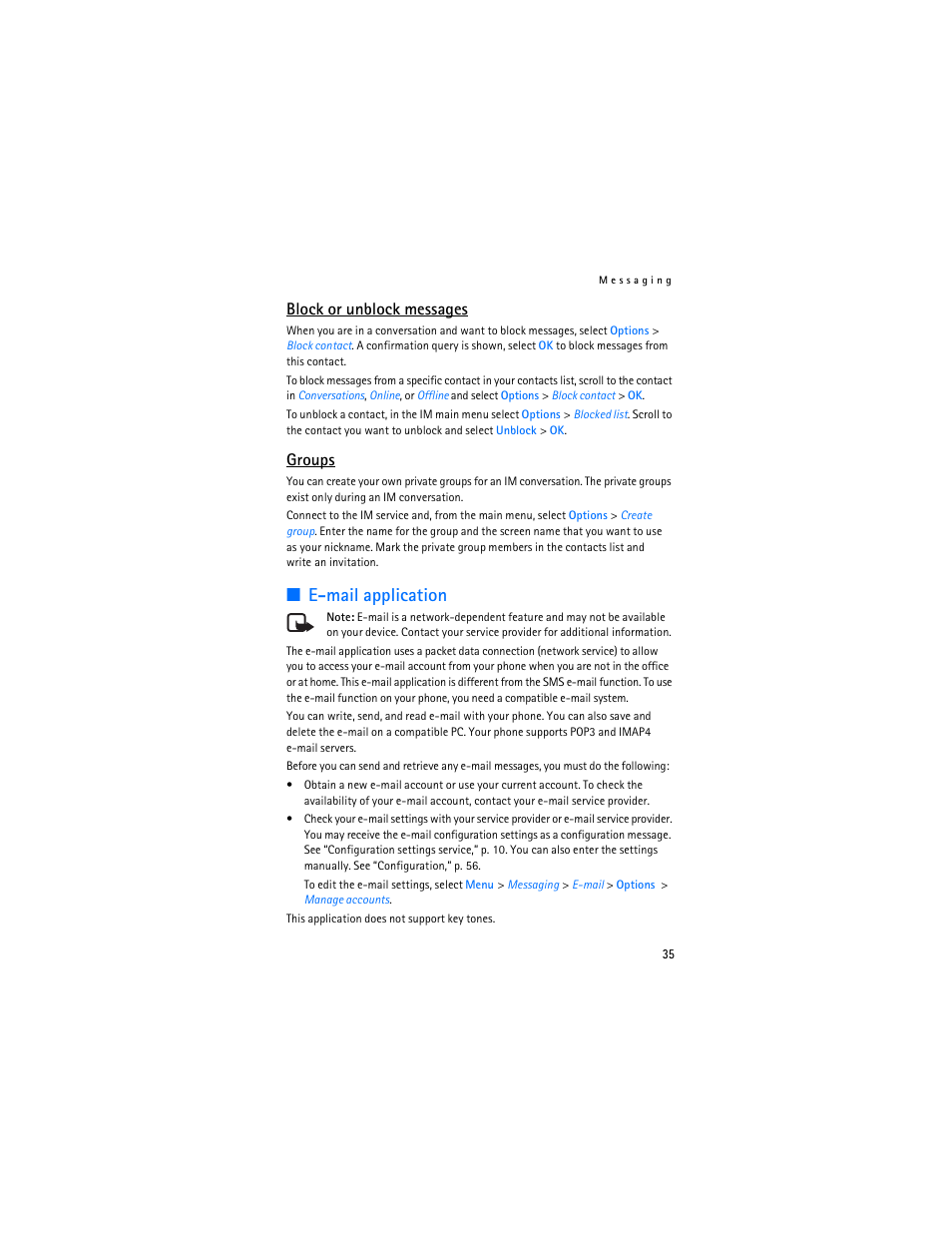 E�mail application, E-mail application, Block or unblock messages | Groups | Nokia 6085 User Manual | Page 68 / 233