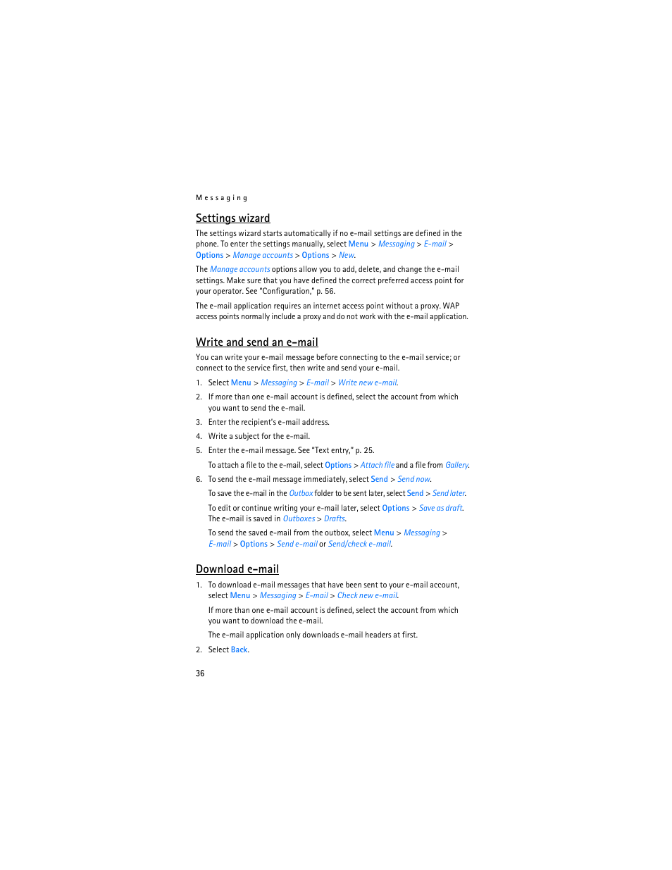 Settings wizard, Write and send an e-mail, Download e-mail | Nokia 6085 User Manual | Page 69 / 233