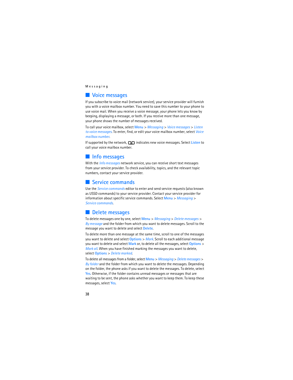 Voice messages, Info messages, Service commands | Delete messages | Nokia 6085 User Manual | Page 71 / 233