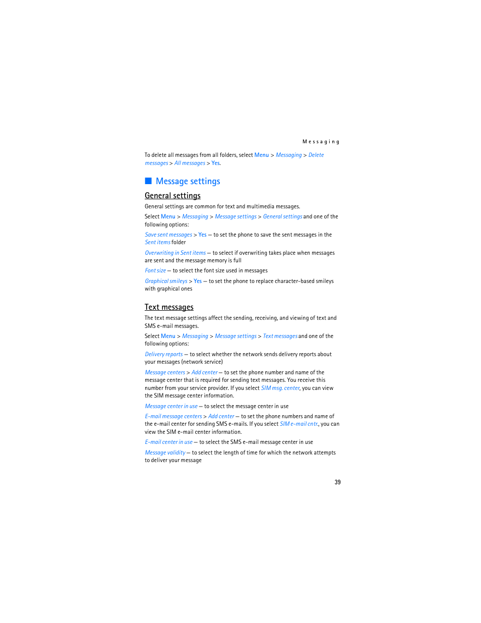 Message settings, General settings, Text messages | Nokia 6085 User Manual | Page 72 / 233