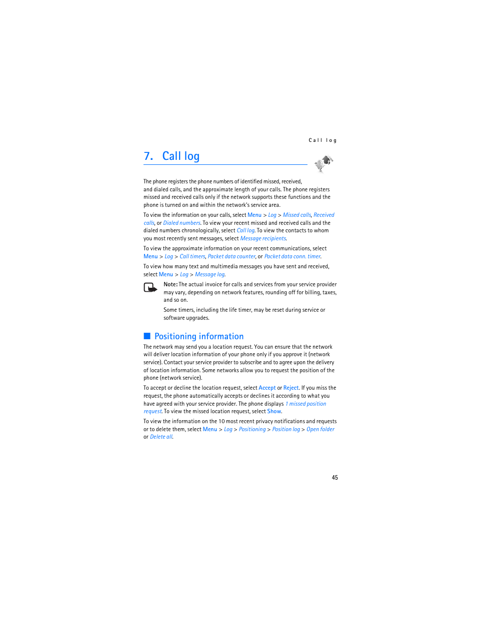 Call log, Positioning information | Nokia 6085 User Manual | Page 78 / 233