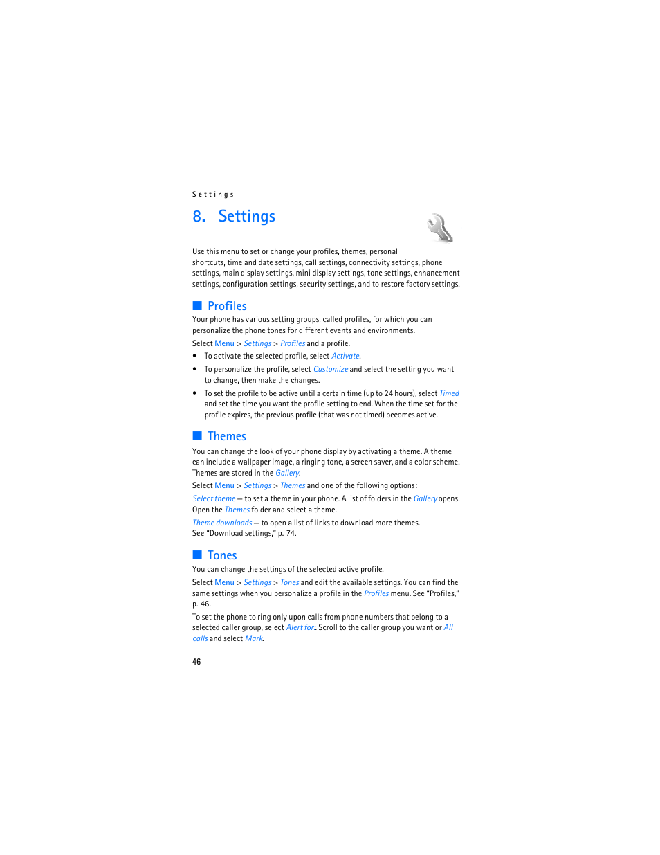 Settings, Profiles, Themes | Tones, Profiles themes tones, Settings,” p | Nokia 6085 User Manual | Page 79 / 233