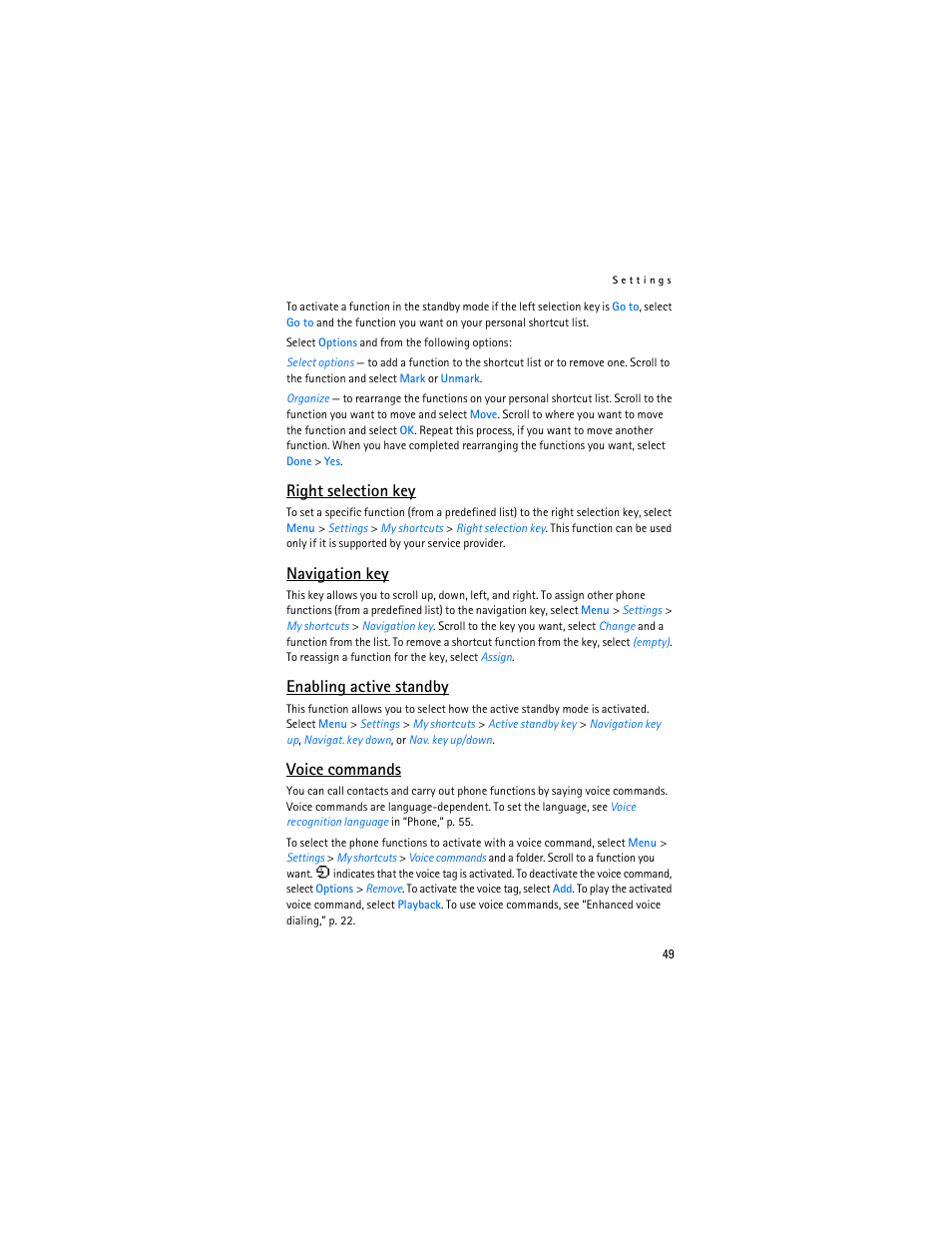 Right selection key, Enabling active, Standby,” p. 49 | Navigation key, Enabling active standby, Voice commands | Nokia 6085 User Manual | Page 82 / 233