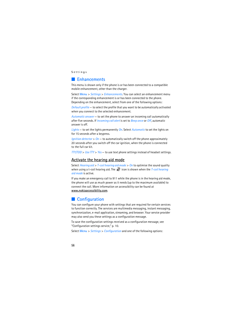 Enhancements, Configuration, Enhancements configuration | Ee “configuration,” p, Activate the hearing aid mode | Nokia 6085 User Manual | Page 89 / 233