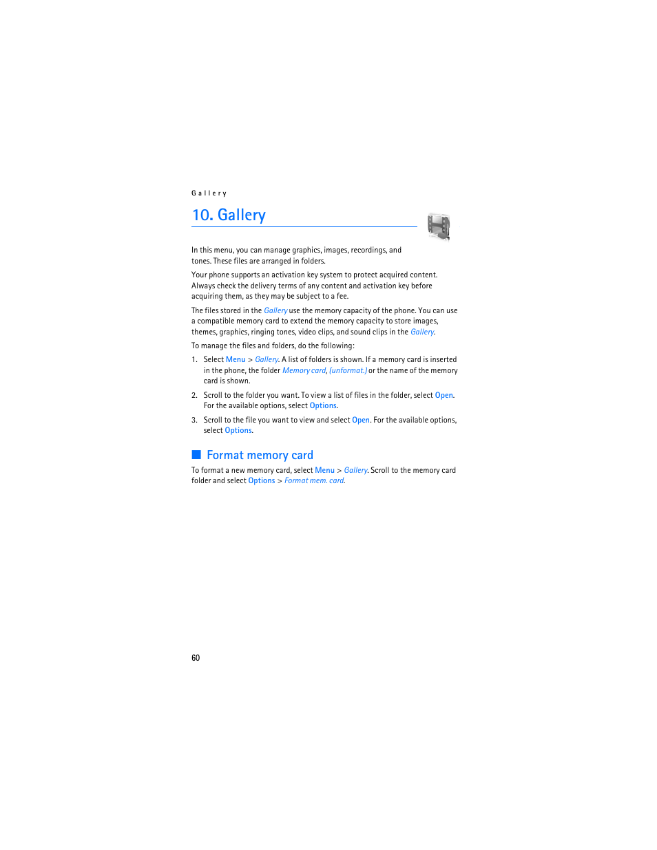Gallery, Format memory card | Nokia 6085 User Manual | Page 93 / 233