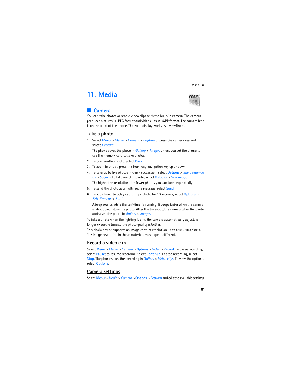 Media, Camera, Take a photo | Record a video clip, Camera settings | Nokia 6085 User Manual | Page 94 / 233