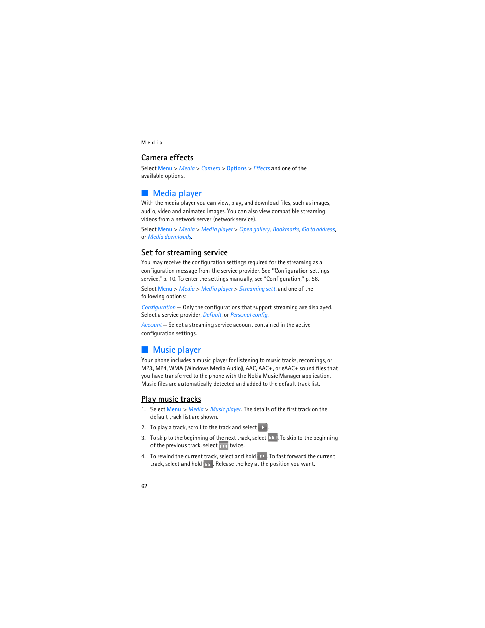 Media player, Music player, Media player music player | Camera effects, Set for streaming service, Play music tracks | Nokia 6085 User Manual | Page 95 / 233