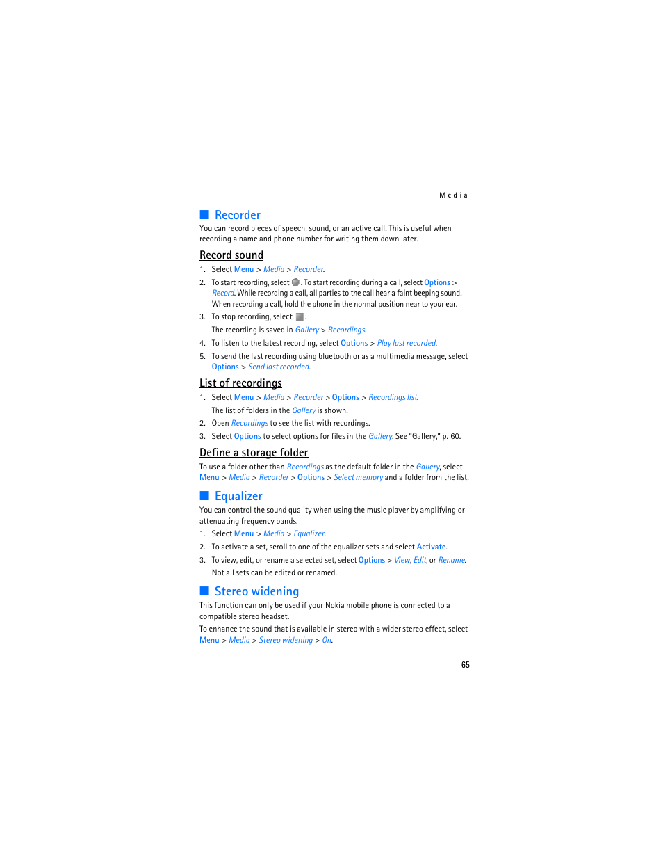 Recorder, Equalizer, Stereo widening | Recorder equalizer stereo widening, Record sound, List of recordings, Define a storage folder | Nokia 6085 User Manual | Page 98 / 233