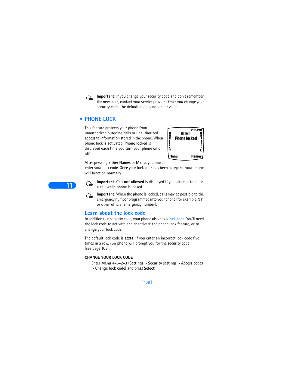 Phone lock, Learn about the lock code | Nokia 6370 User Manual | Page 113 / 192