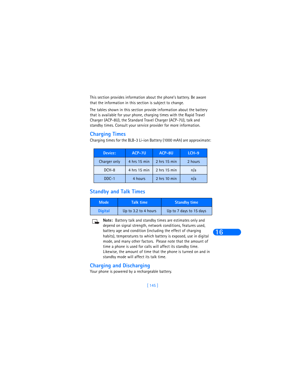 Charging times, Standby and talk times, Charging and discharging | Nokia 6370 User Manual | Page 152 / 192