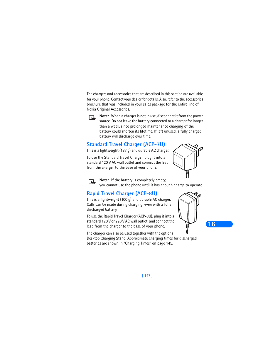 Standard travel charger (acp-7u), Rapid travel charger (acp-8u) | Nokia 6370 User Manual | Page 154 / 192